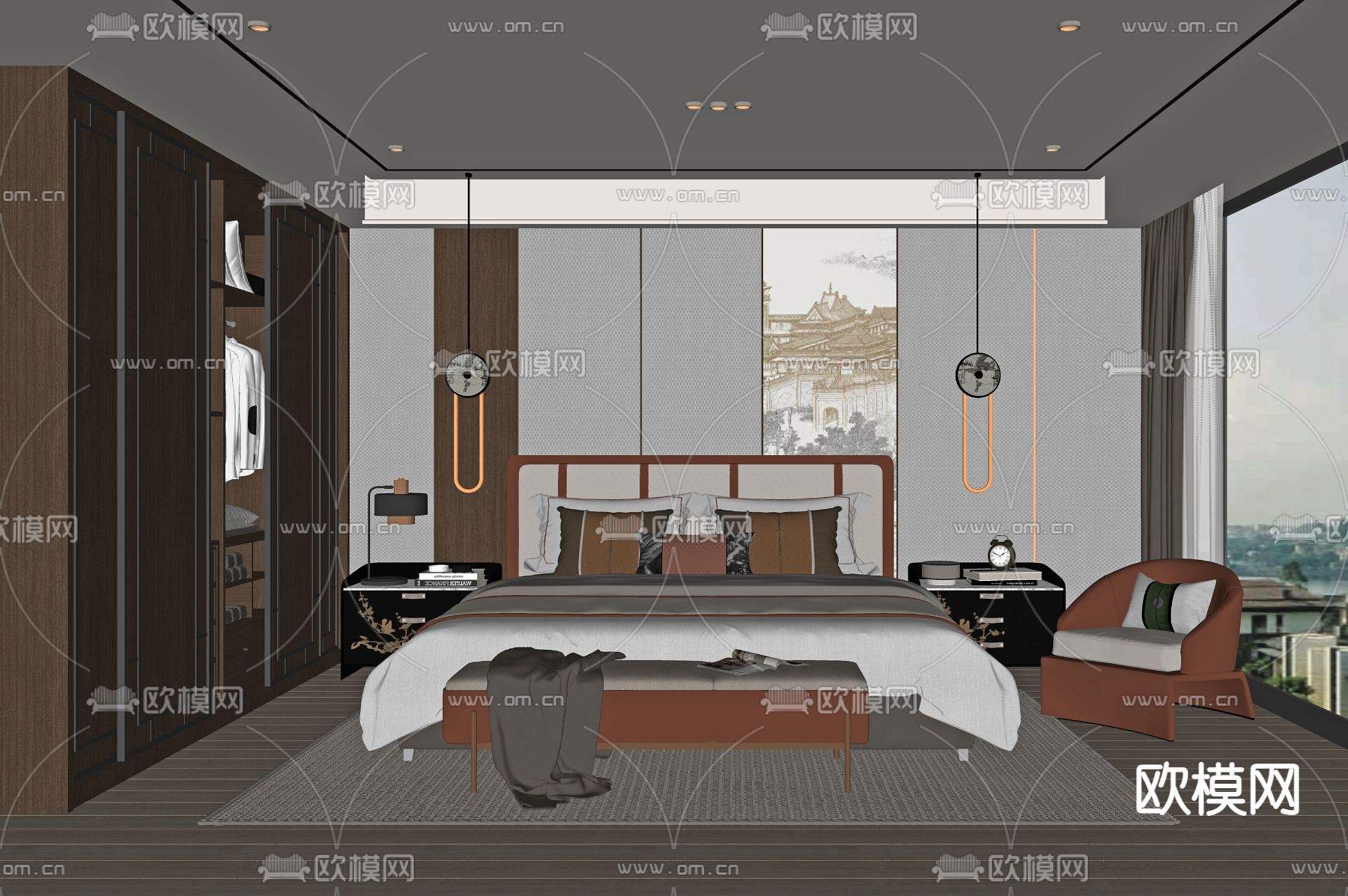 新中式卧室su模型下载（渲染图2）