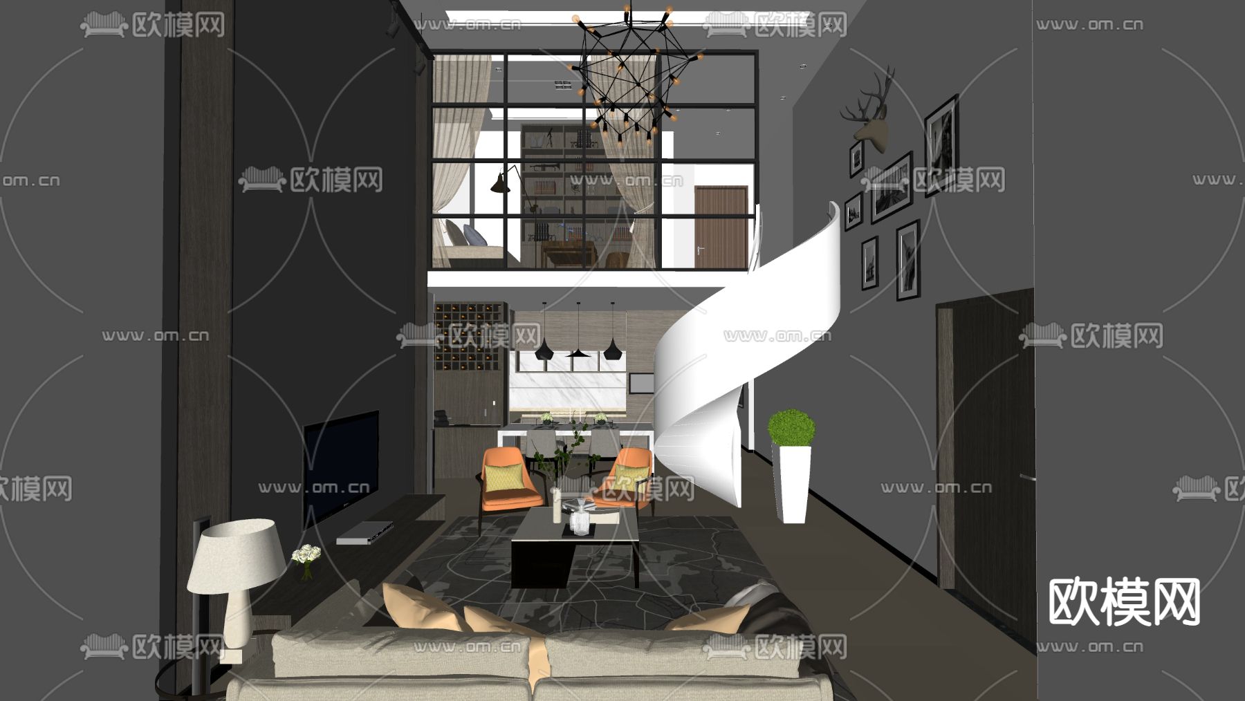 现代loft公寓su模型下载（渲染图2）