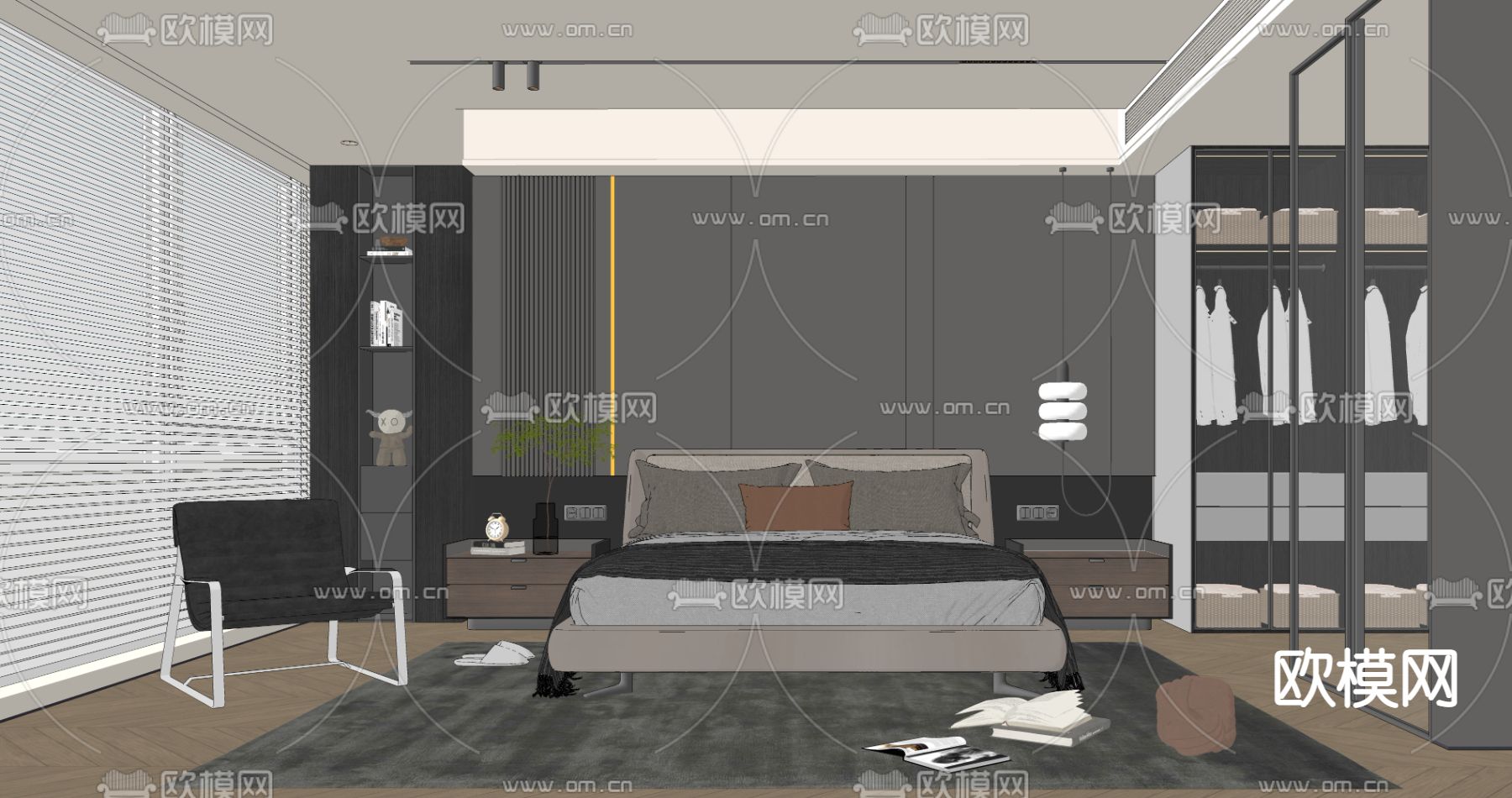 高级灰卧室 主人房su模型下载（渲染图3）