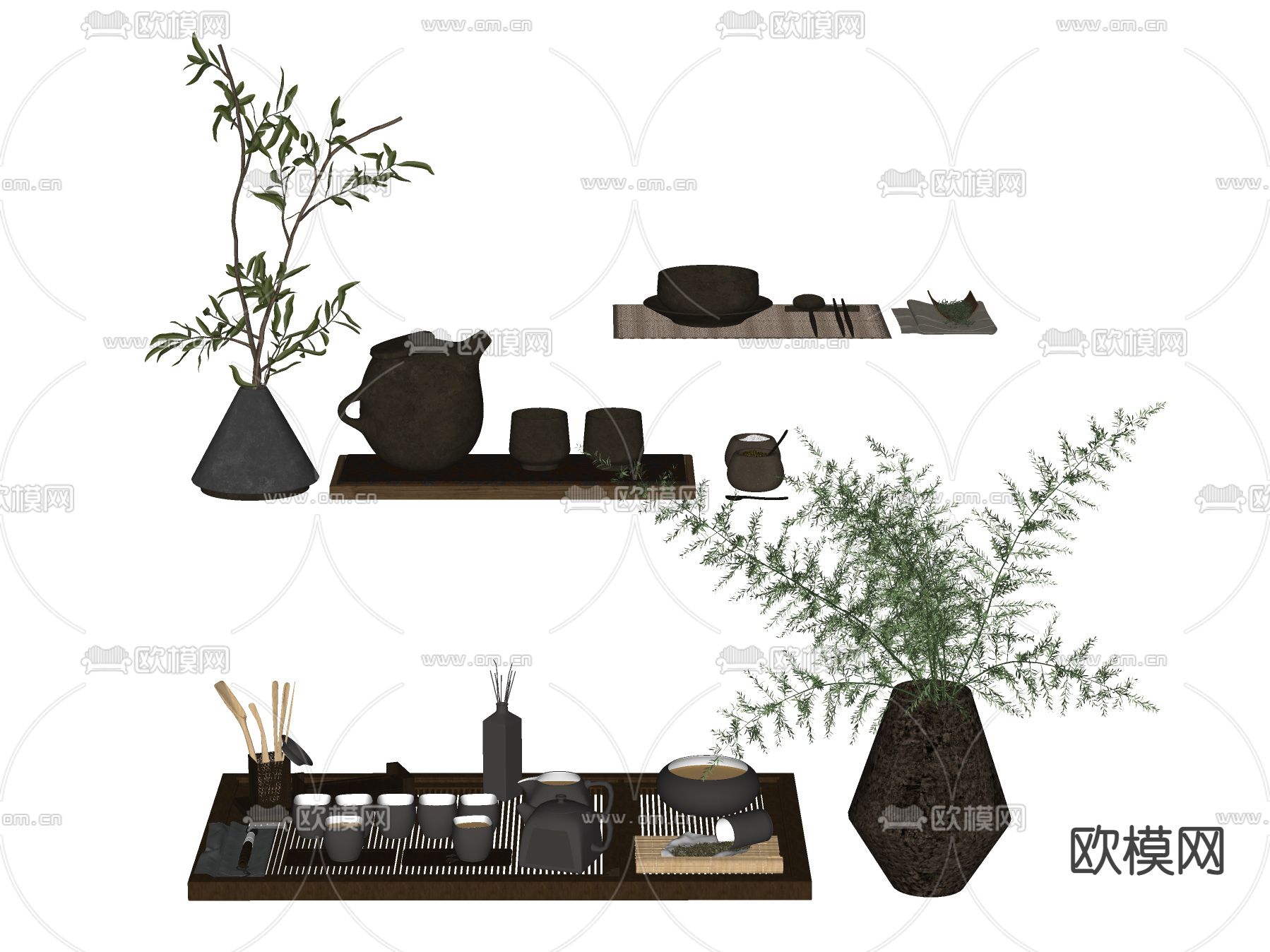 新中式茶盘茶具su模型下载（渲染图2）