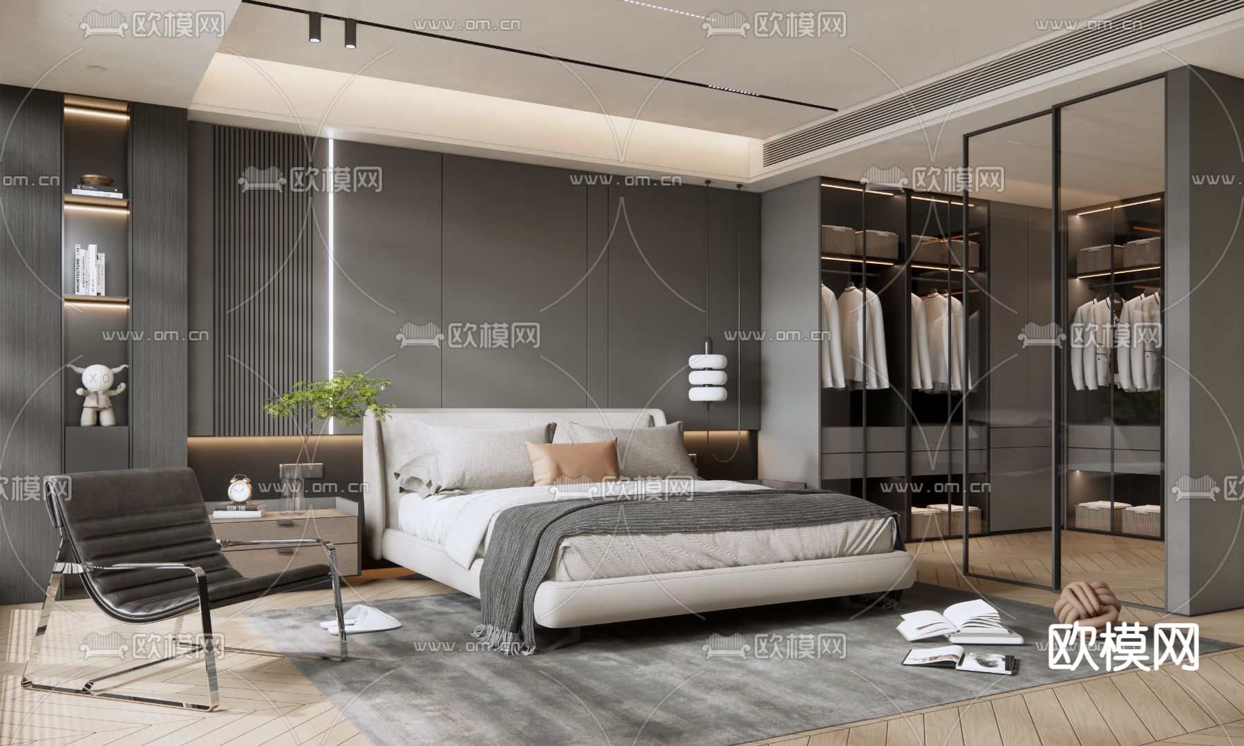 高级灰卧室 主人房su模型下载（渲染图2）