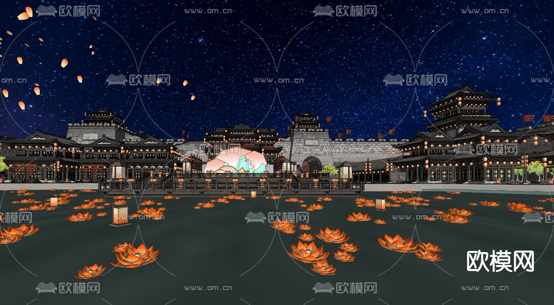 中式古城su模型下载（渲染图1）