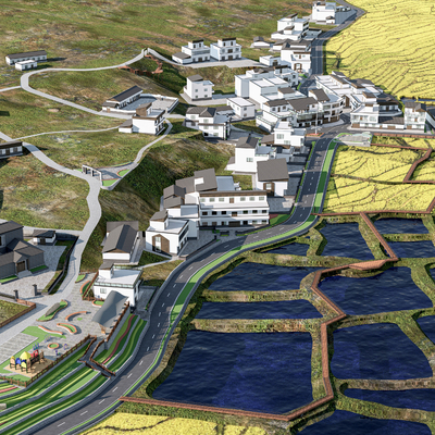  现代乡村鸟瞰规划su模型 