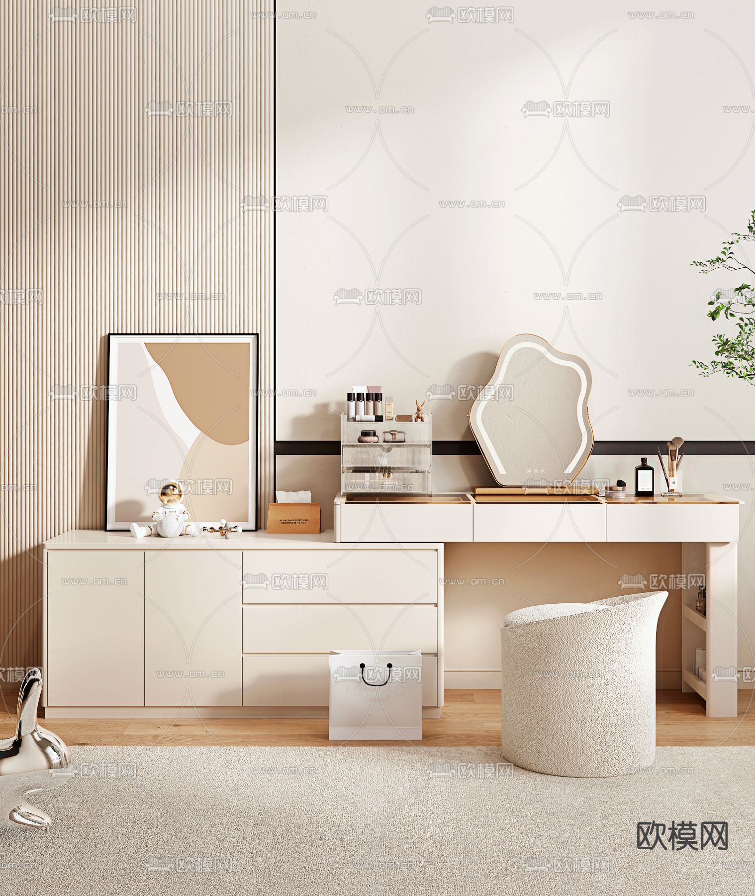 奶油风梳妆台3d模型下载（渲染图1）
