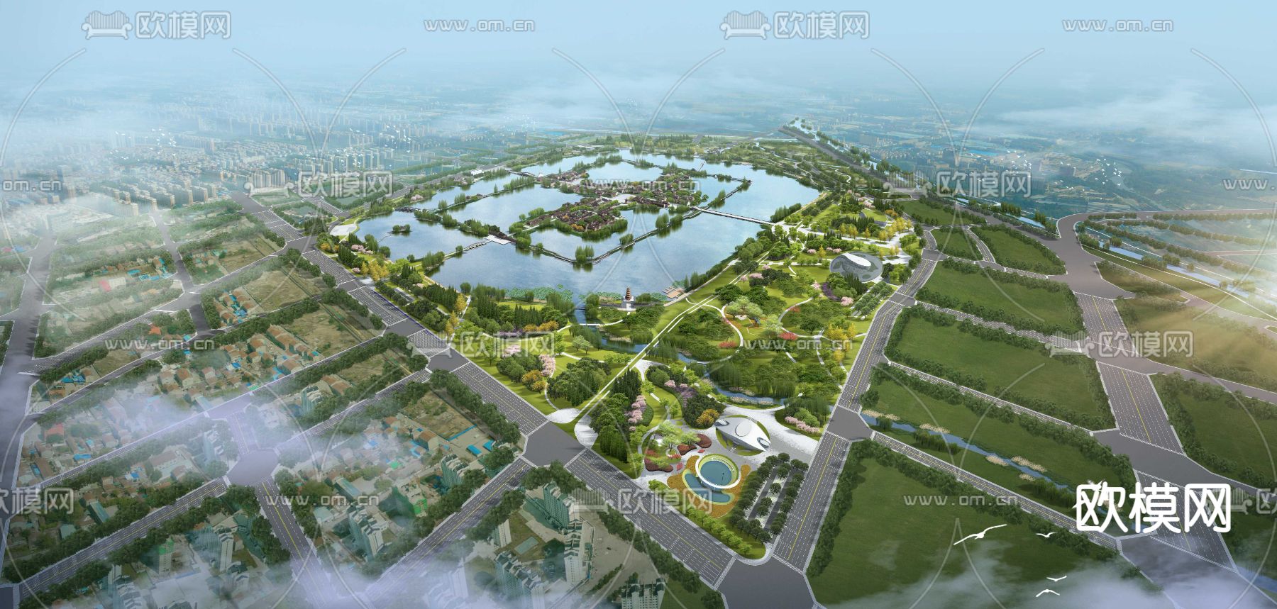 湿地公园 园林鸟瞰PSD下载