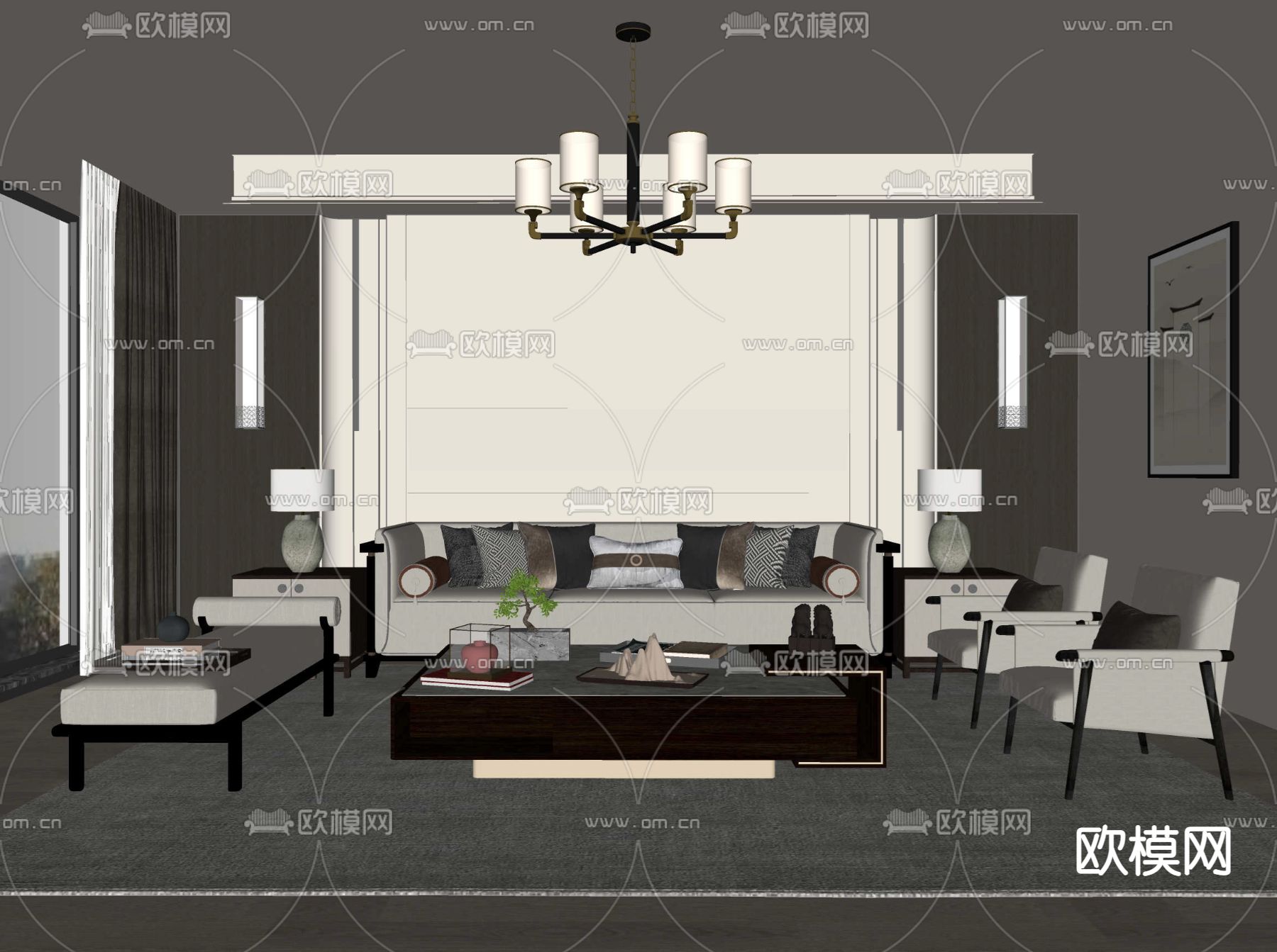 新中式客厅su模型下载（渲染图2）