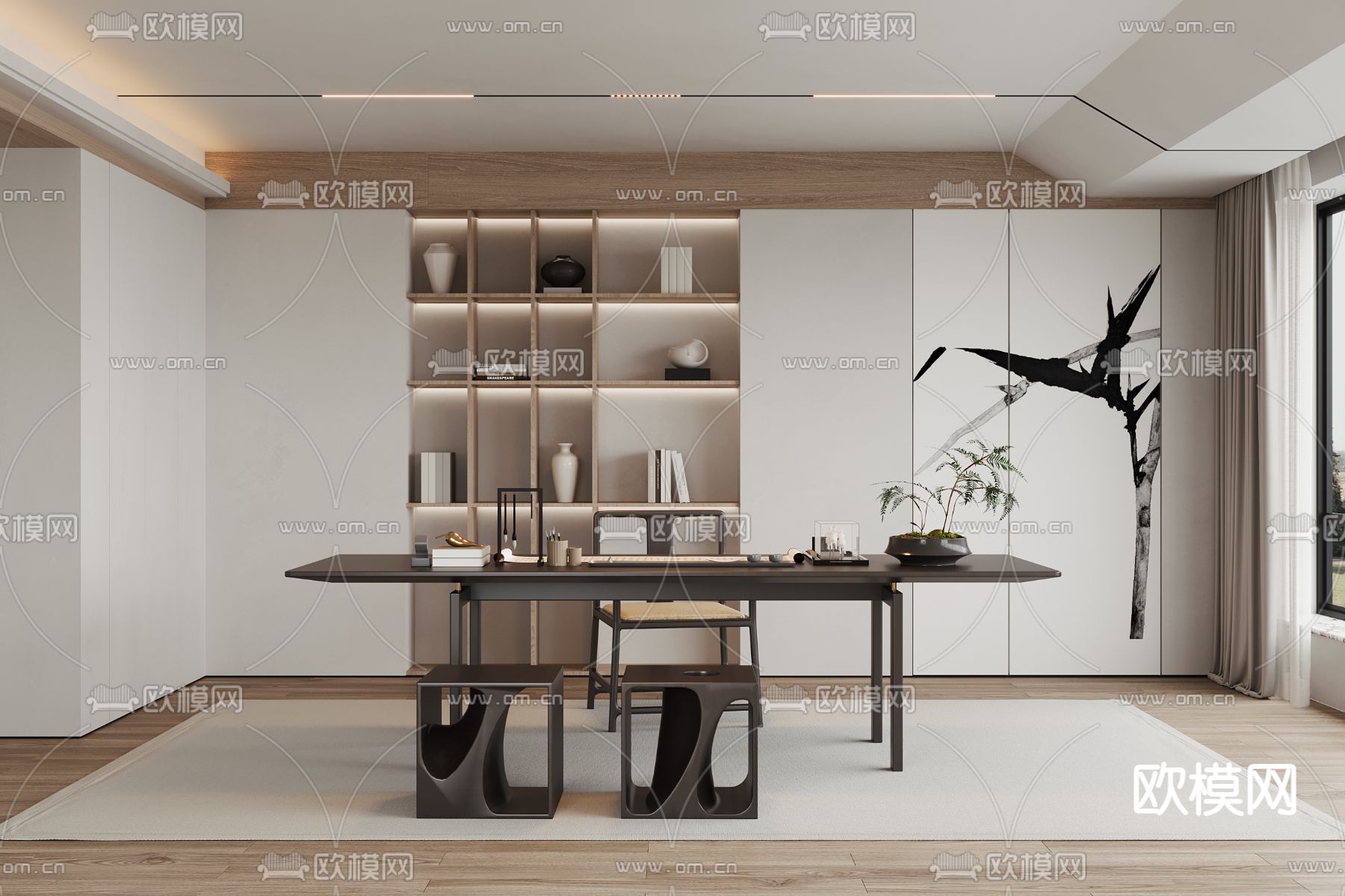 新中式书房su模型下载（渲染图1）