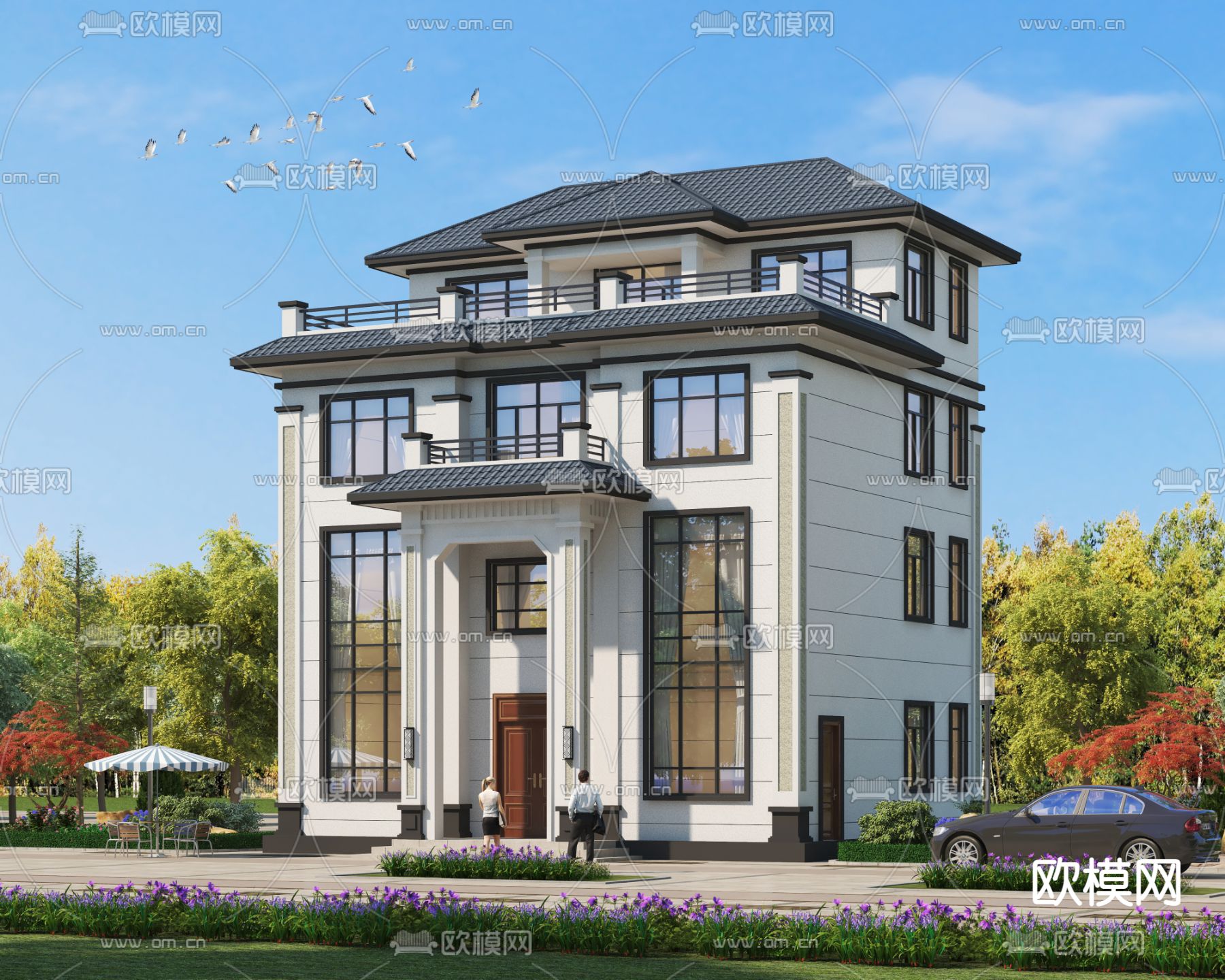 新中式别墅外观3d模型下载_ID13043079_3dmax免费模型-欧模网
