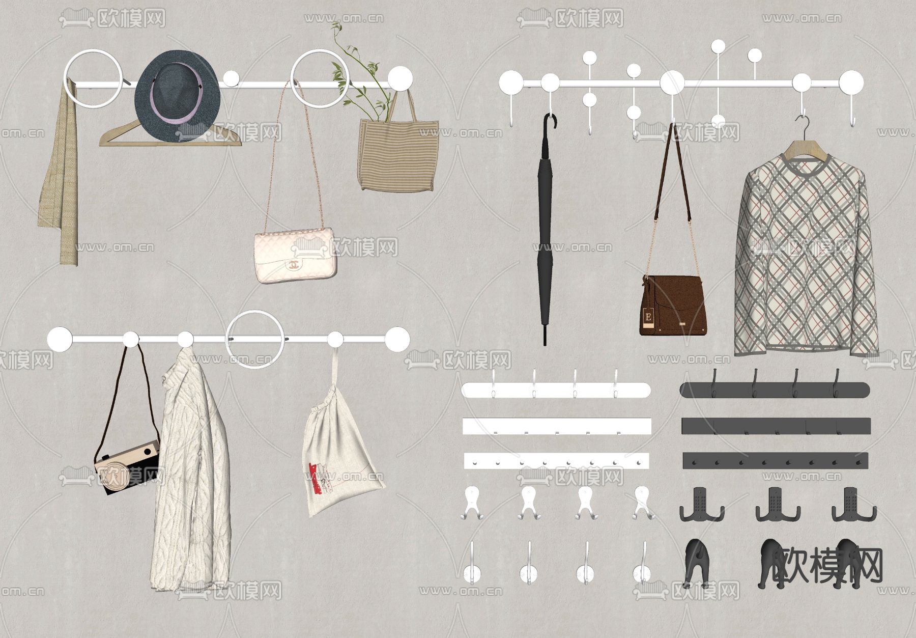 现代挂衣钩 衣帽架 衣服 帽子su模型下载（渲染图2）