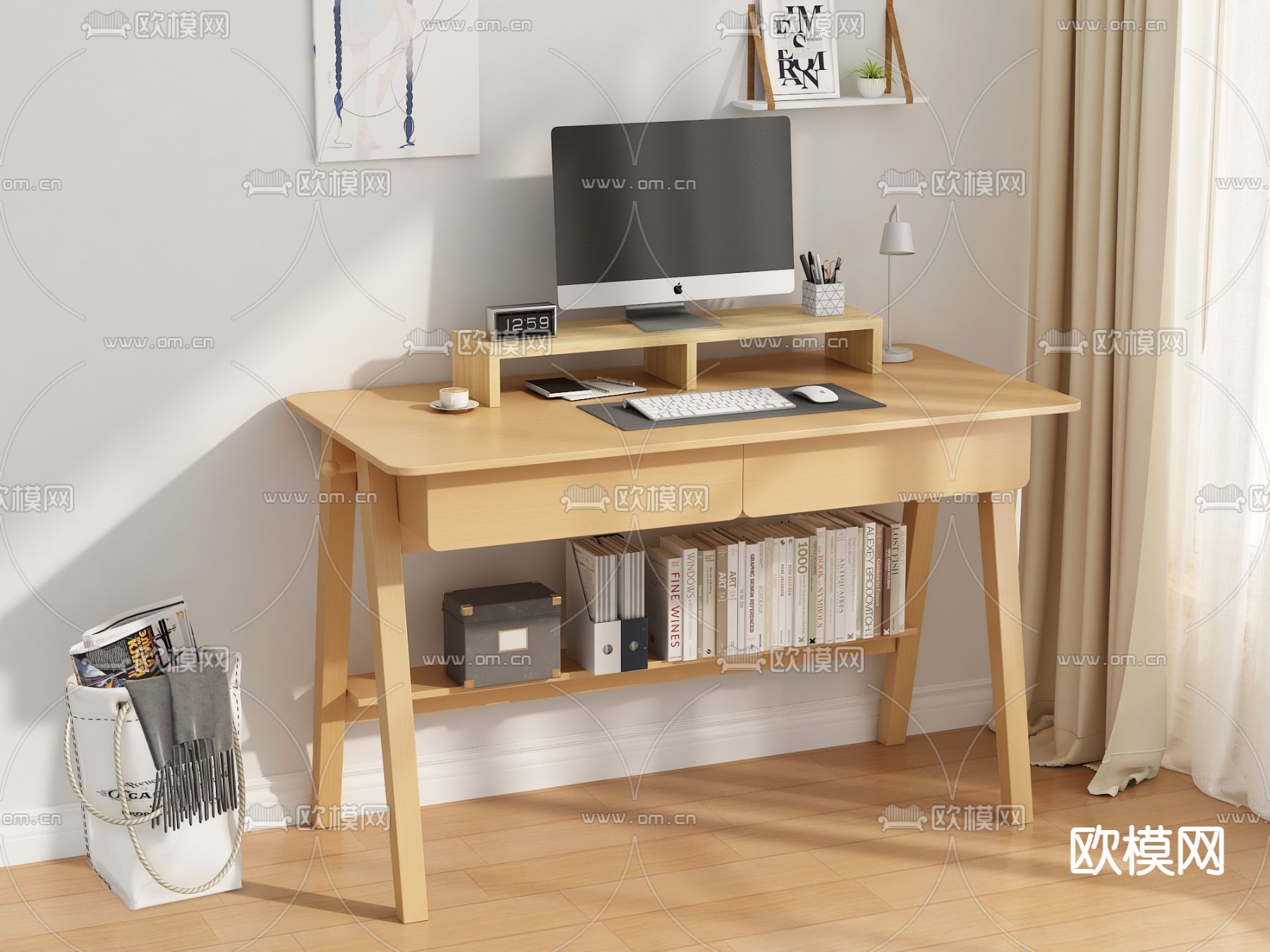 北欧书桌 学习桌 电脑桌3d模型下载（渲染图2）