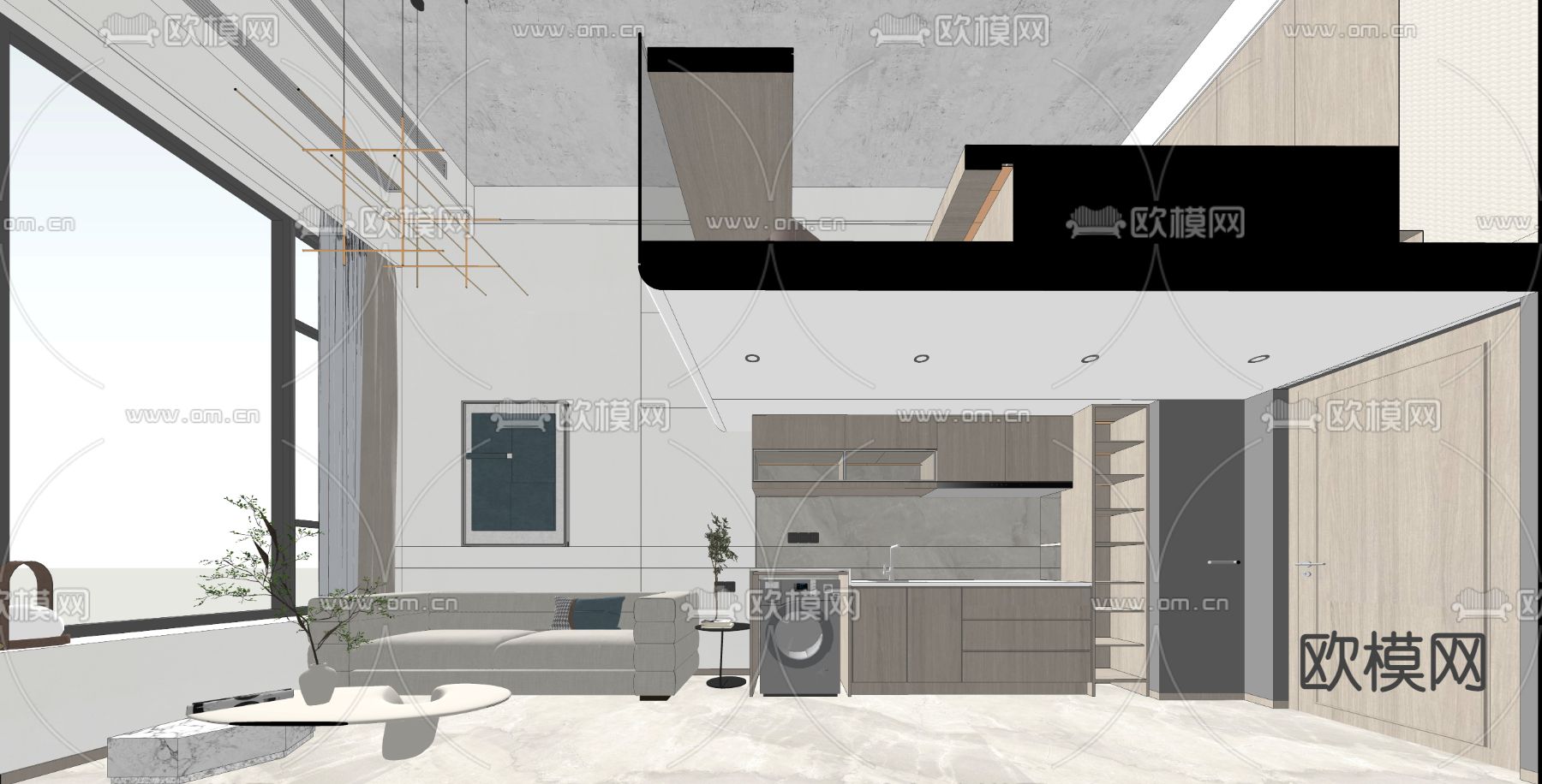 LOFT公寓 跃层客餐厅su模型下载（渲染图3）