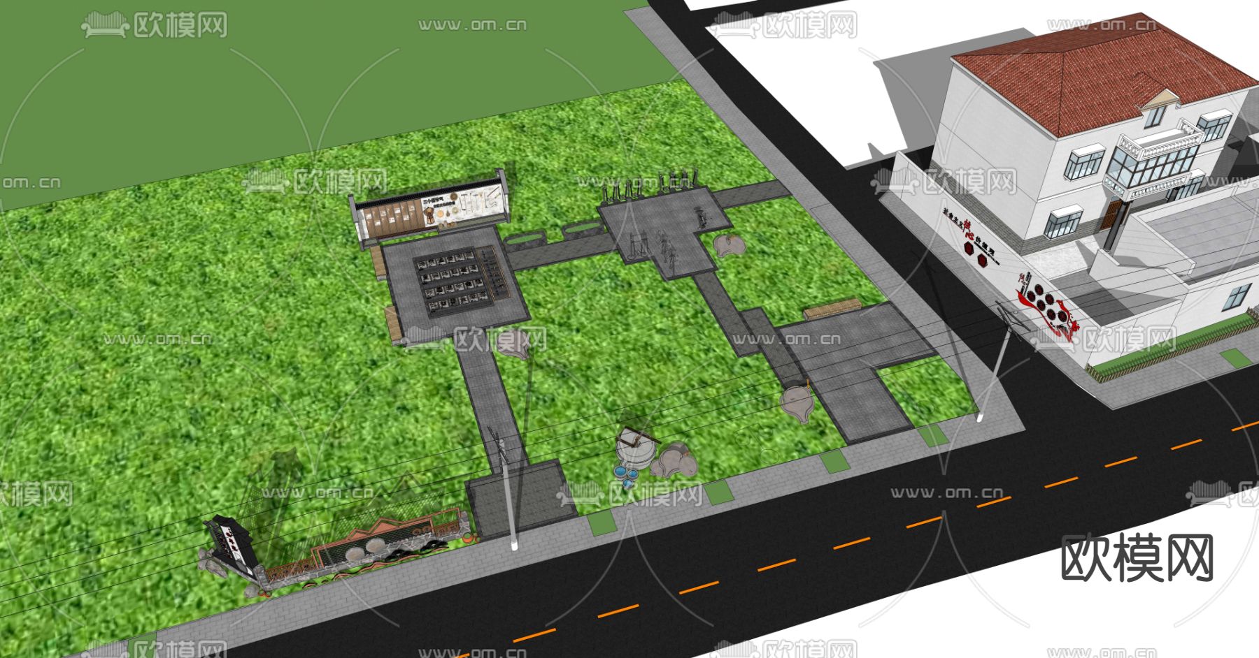 新中式乡村广场公园su模型下载（渲染图2）