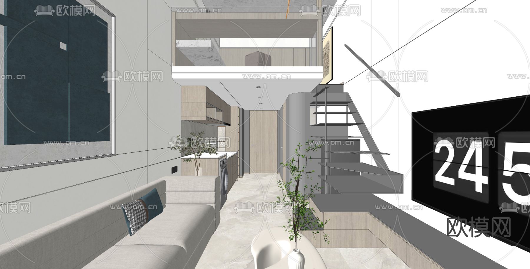 LOFT公寓 跃层客餐厅su模型下载（渲染图4）