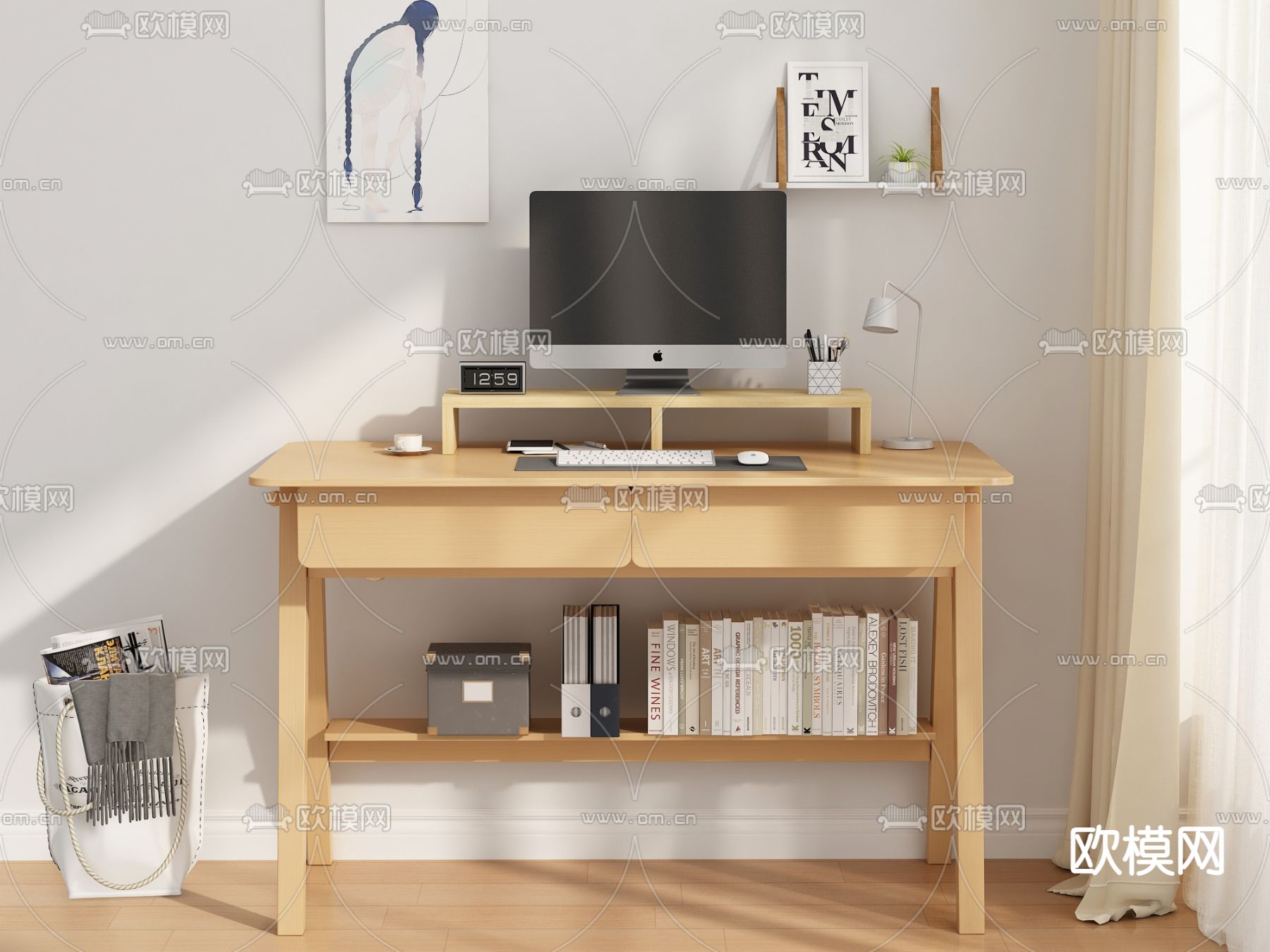 北欧书桌 学习桌 电脑桌3d模型下载（渲染图1）
