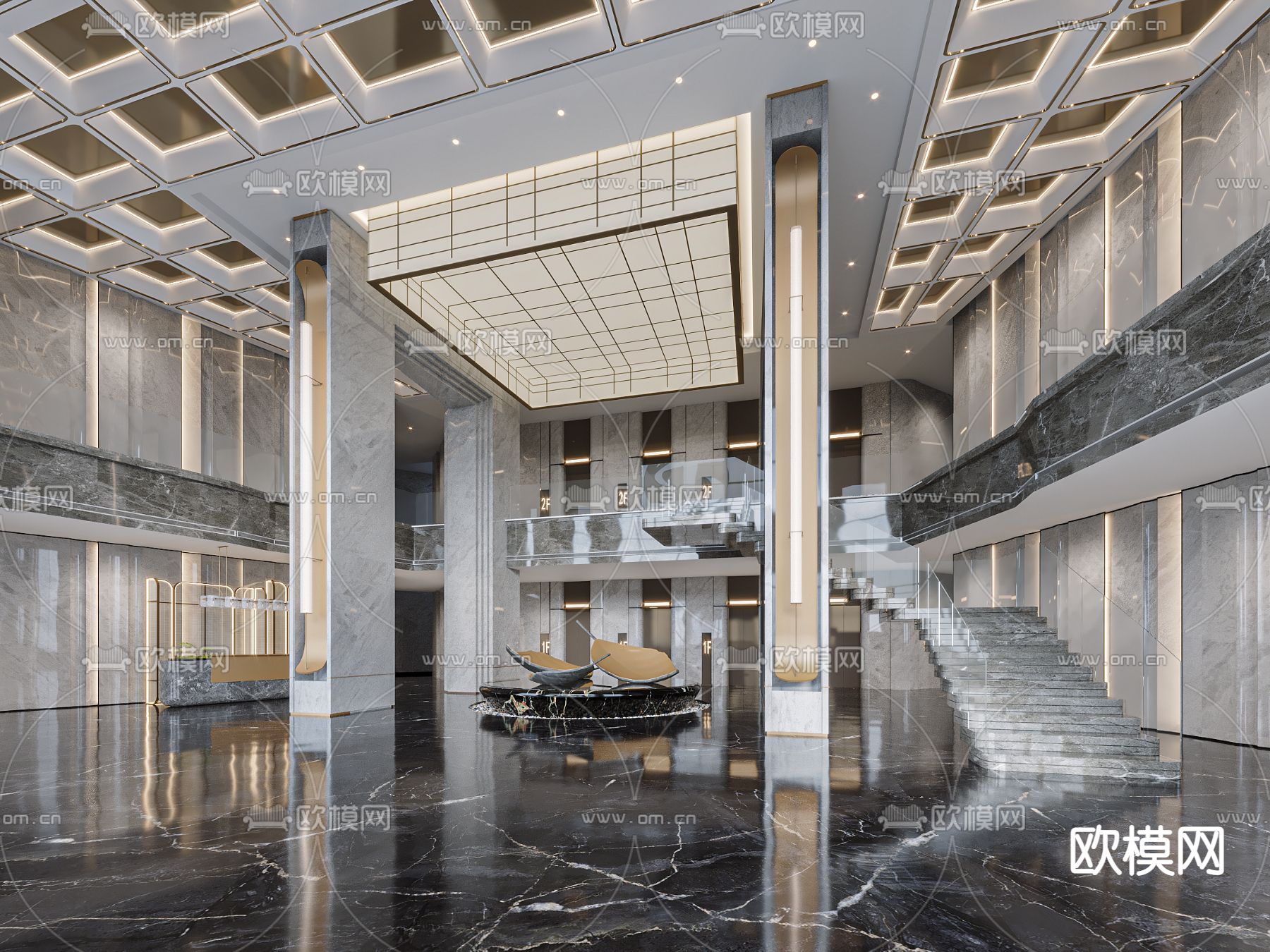 轻奢酒店大堂 前台接待3d模型下载（渲染图2）