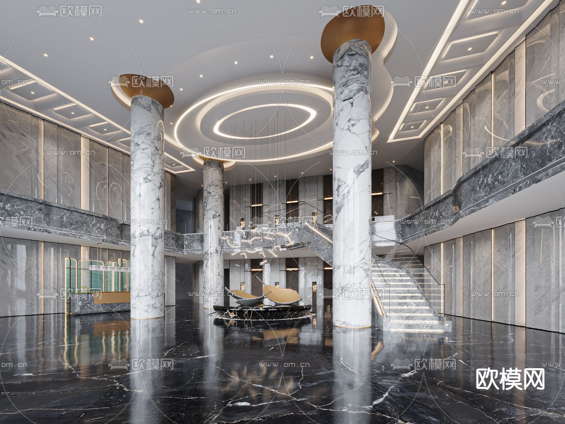 轻奢酒店大堂 前台接待3d模型下载（渲染图2）
