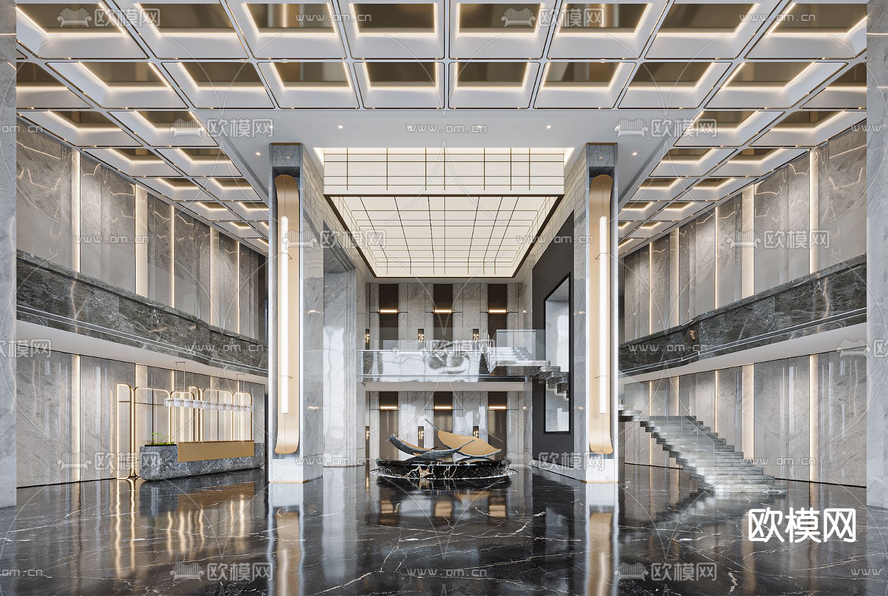 轻奢酒店大堂 前台接待3d模型下载（渲染图1）