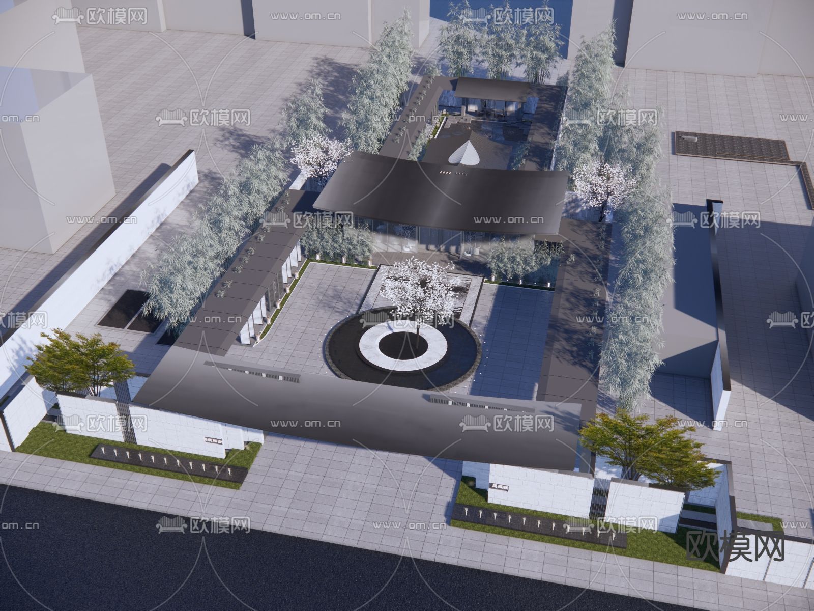 新中式售楼处外观su模型下载（渲染图1）