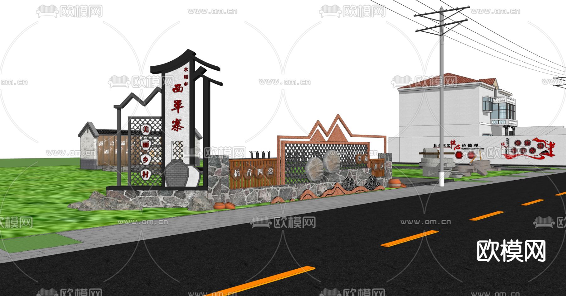 新中式乡村广场公园su模型下载（渲染图3）