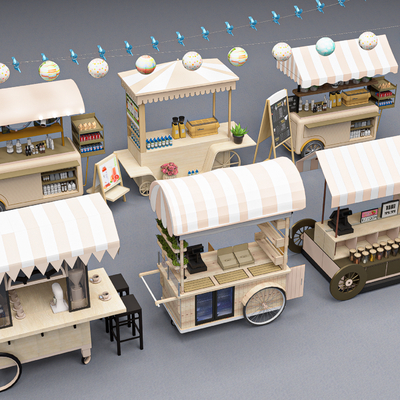  现代推车售货摊小吃摊su模型 