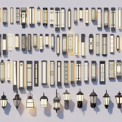  新中式壁灯 庭院灯 景观灯 户外灯 灯柱su模型 