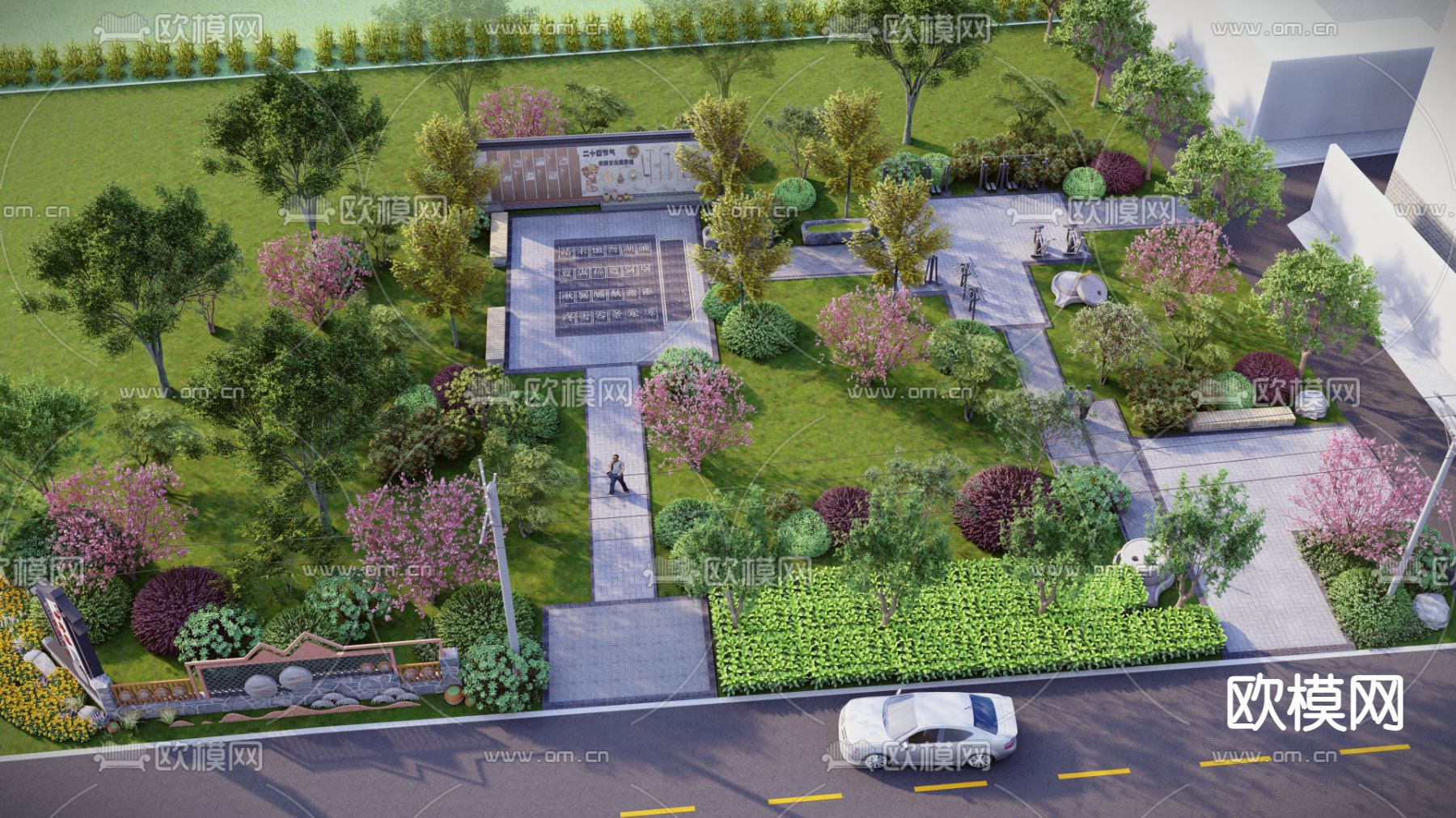 新中式乡村广场公园su模型下载（渲染图1）