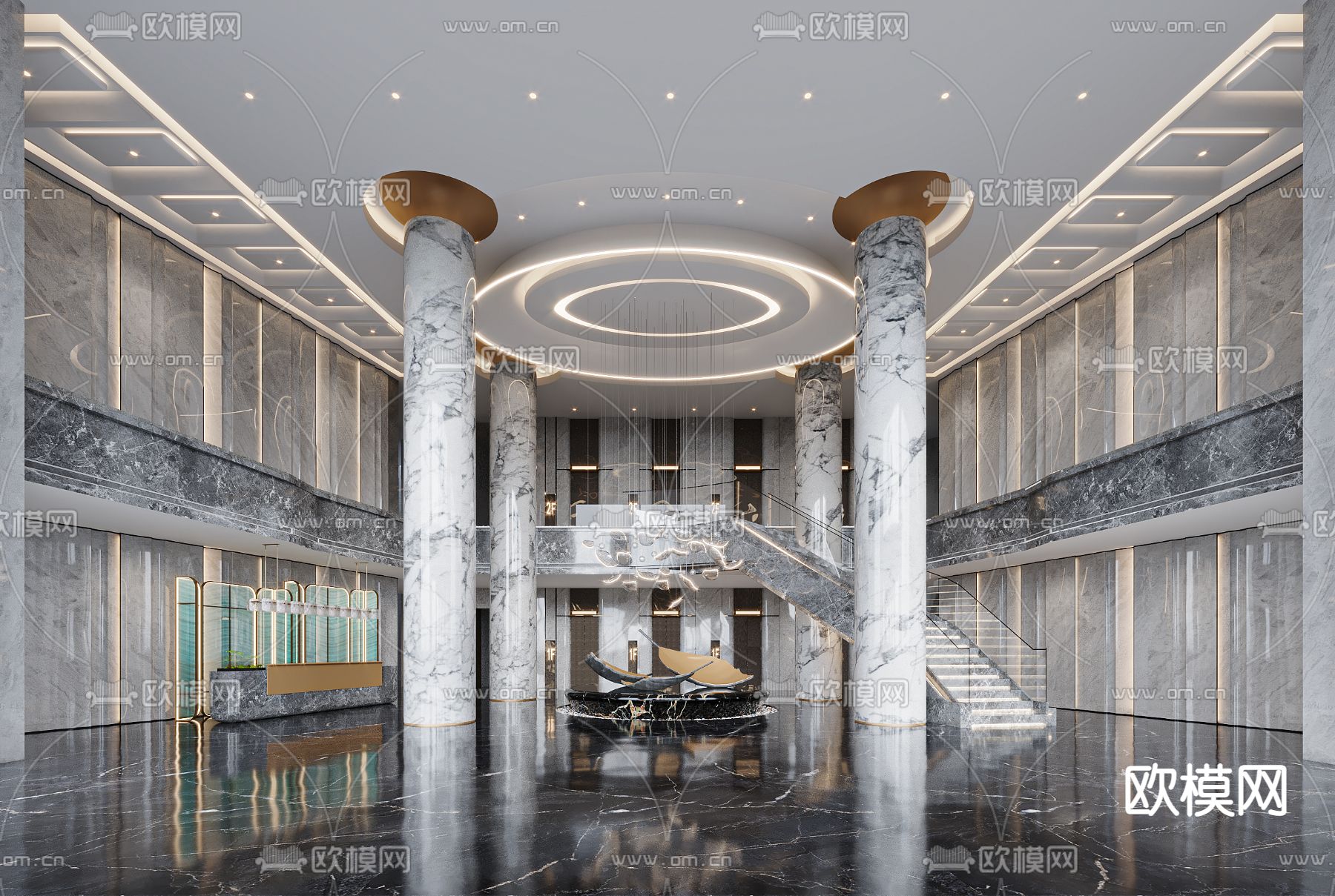 轻奢酒店大堂 前台接待3d模型下载（渲染图1）