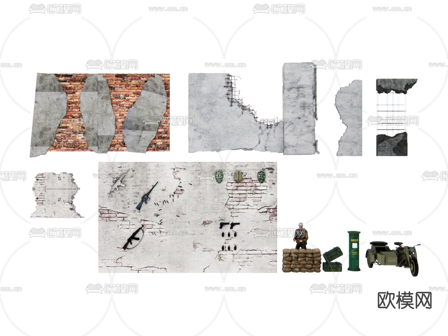 战后风墙面 柱子 砖墙3d模型下载