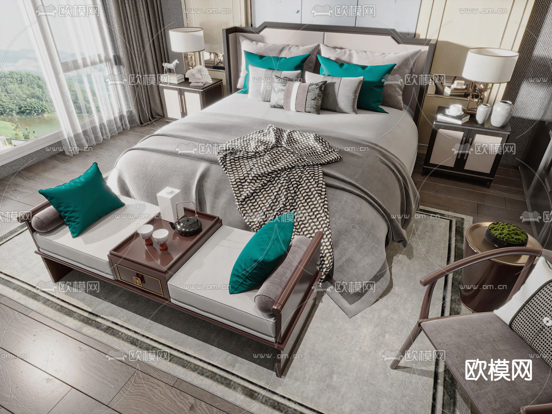 新中式双人床3d模型下载