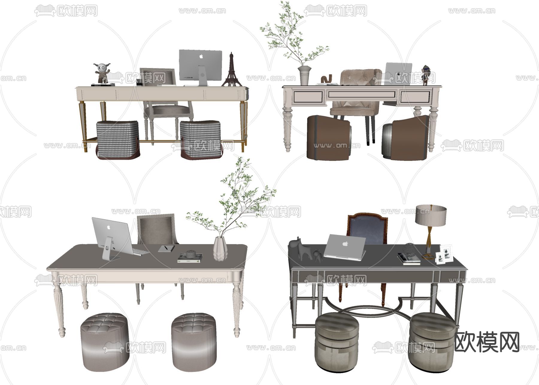 美式书桌椅su模型下载（渲染图2）