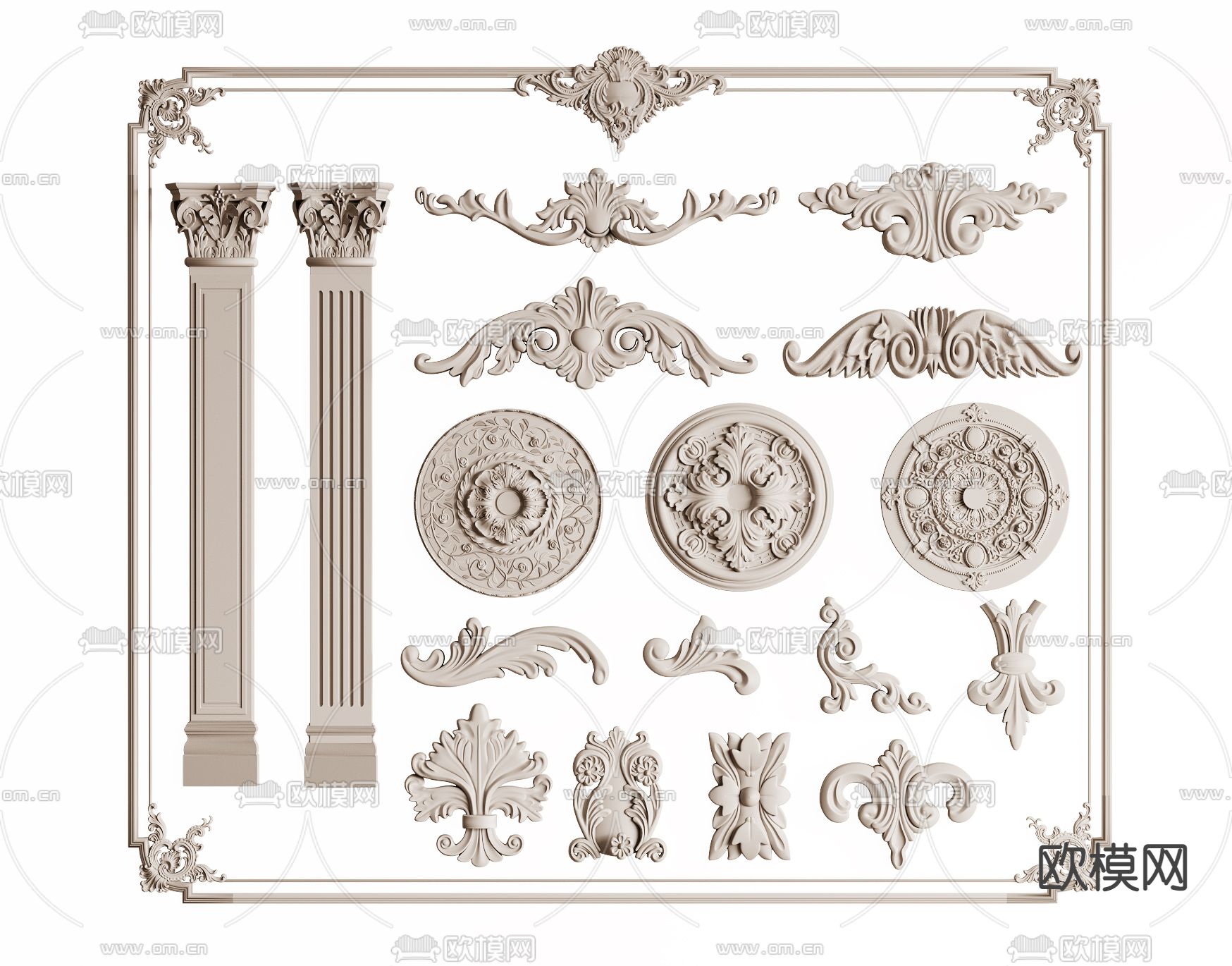 欧式石膏雕花 罗马柱3d模型下载