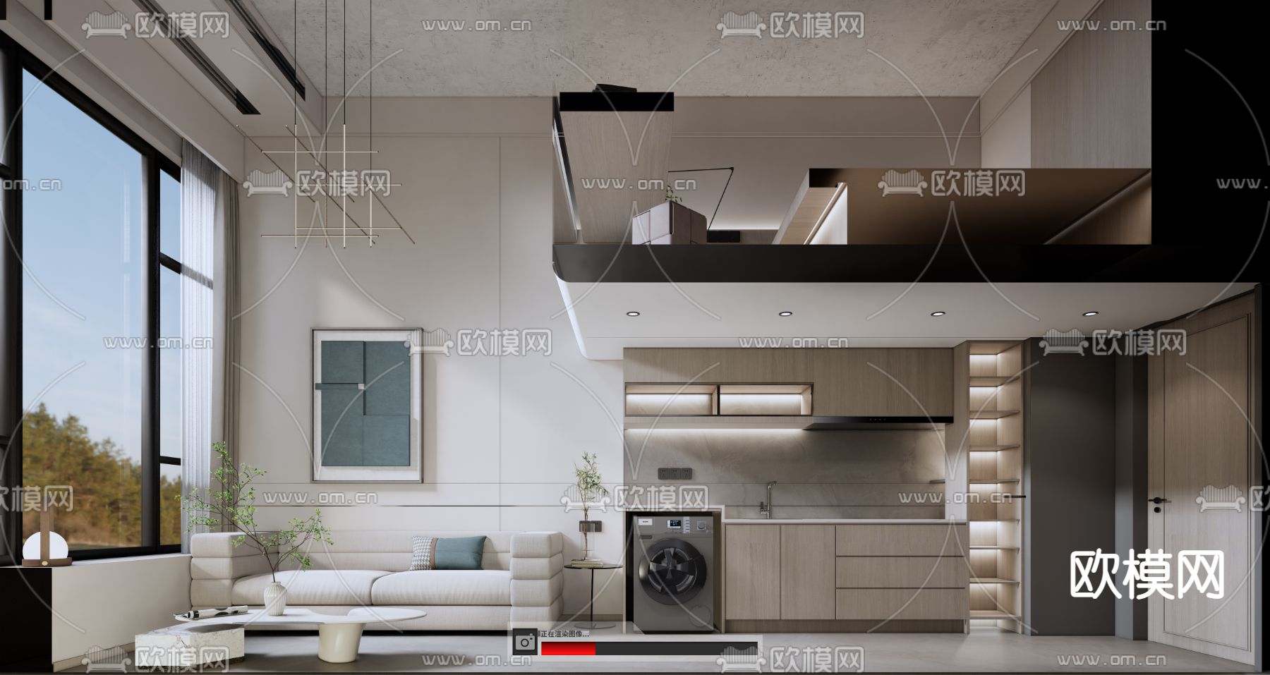 LOFT公寓 跃层客餐厅su模型下载（渲染图2）