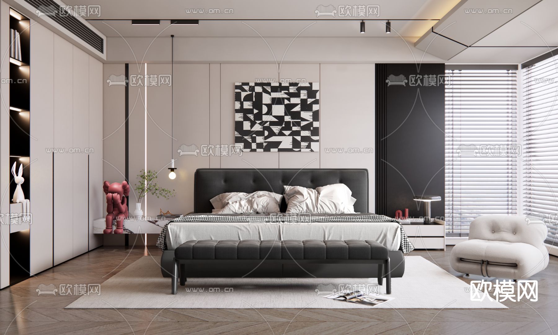 高级灰卧室su模型下载（渲染图1）