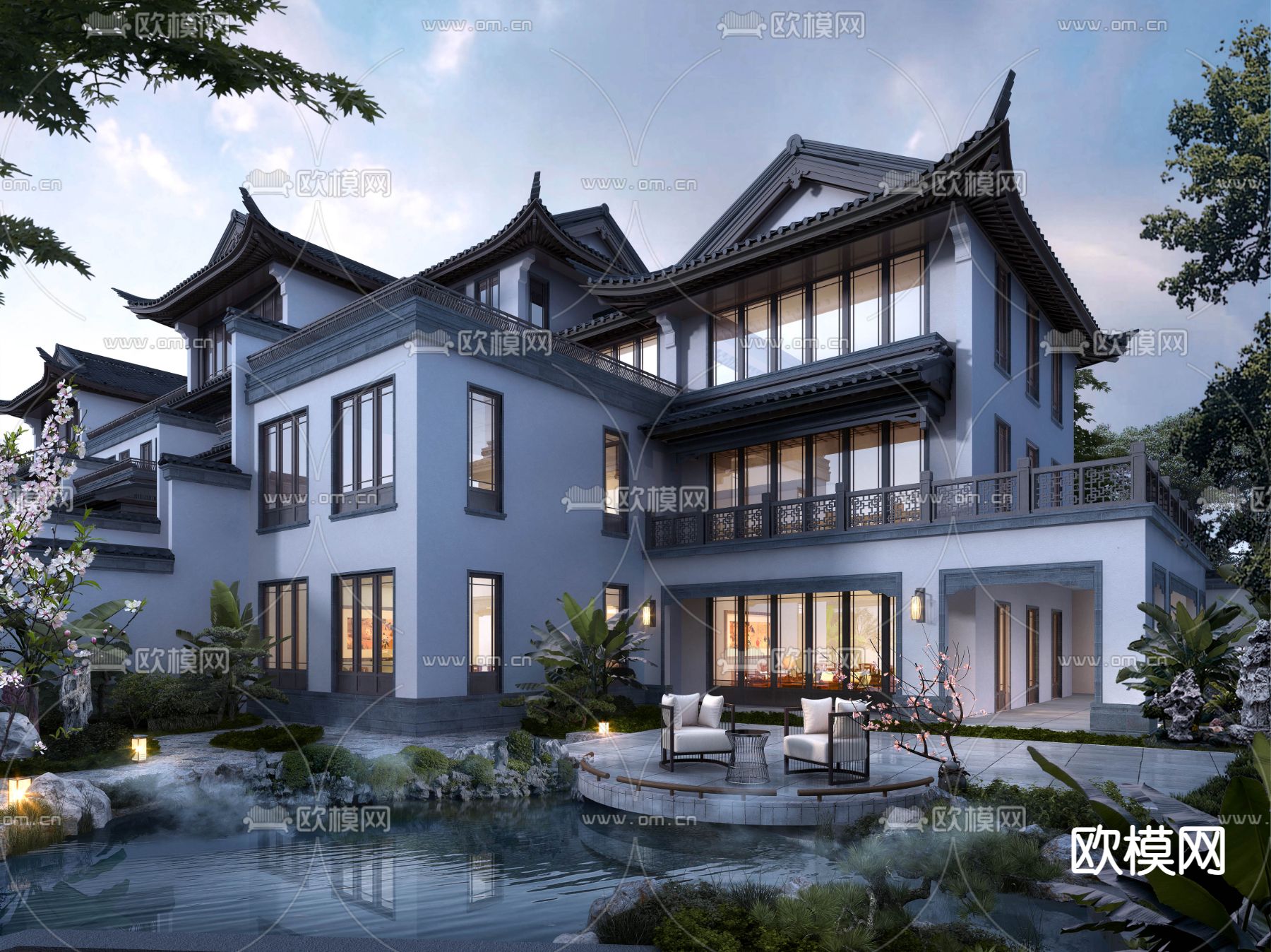 新中式独栋别墅su模型