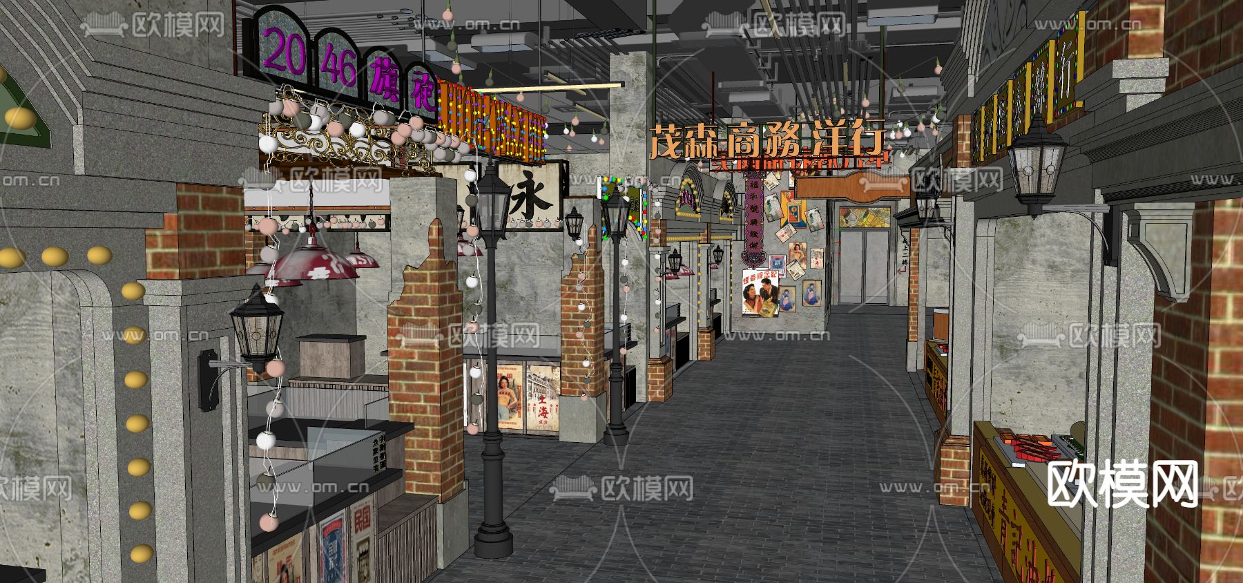 民国风商业小吃城街su模型下载（渲染图2）
