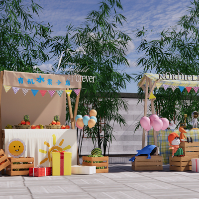  现代集市摊位 售货车su模型 