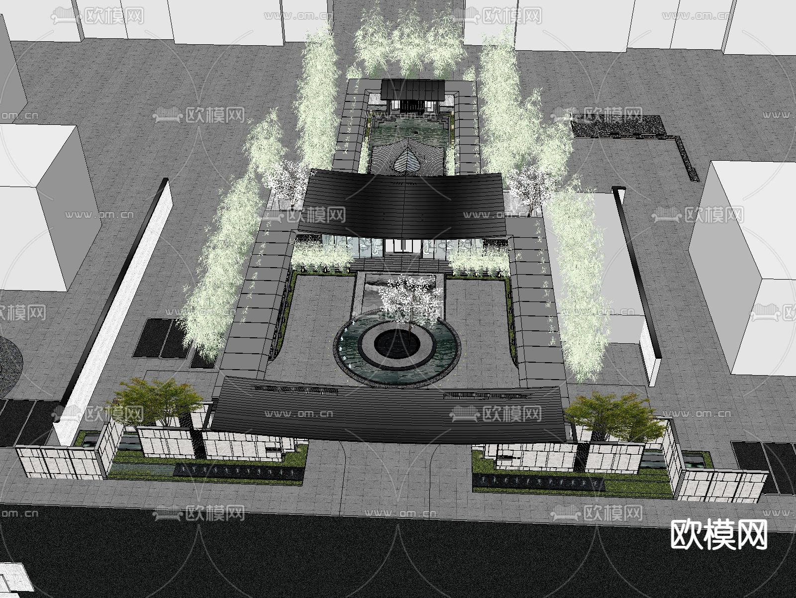 新中式售楼处外观su模型下载（渲染图3）