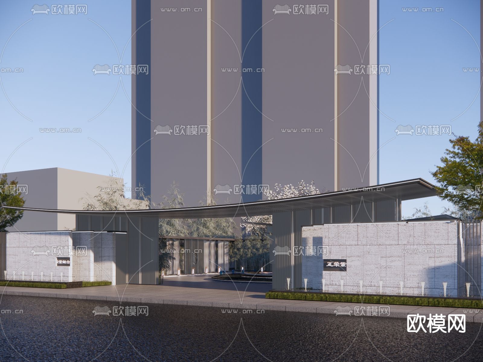 新中式售楼处外观su模型下载（渲染图2）