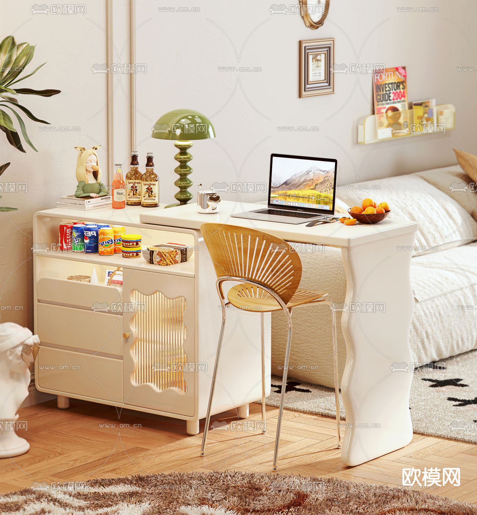 奶油风吧台 餐边柜3d模型下载