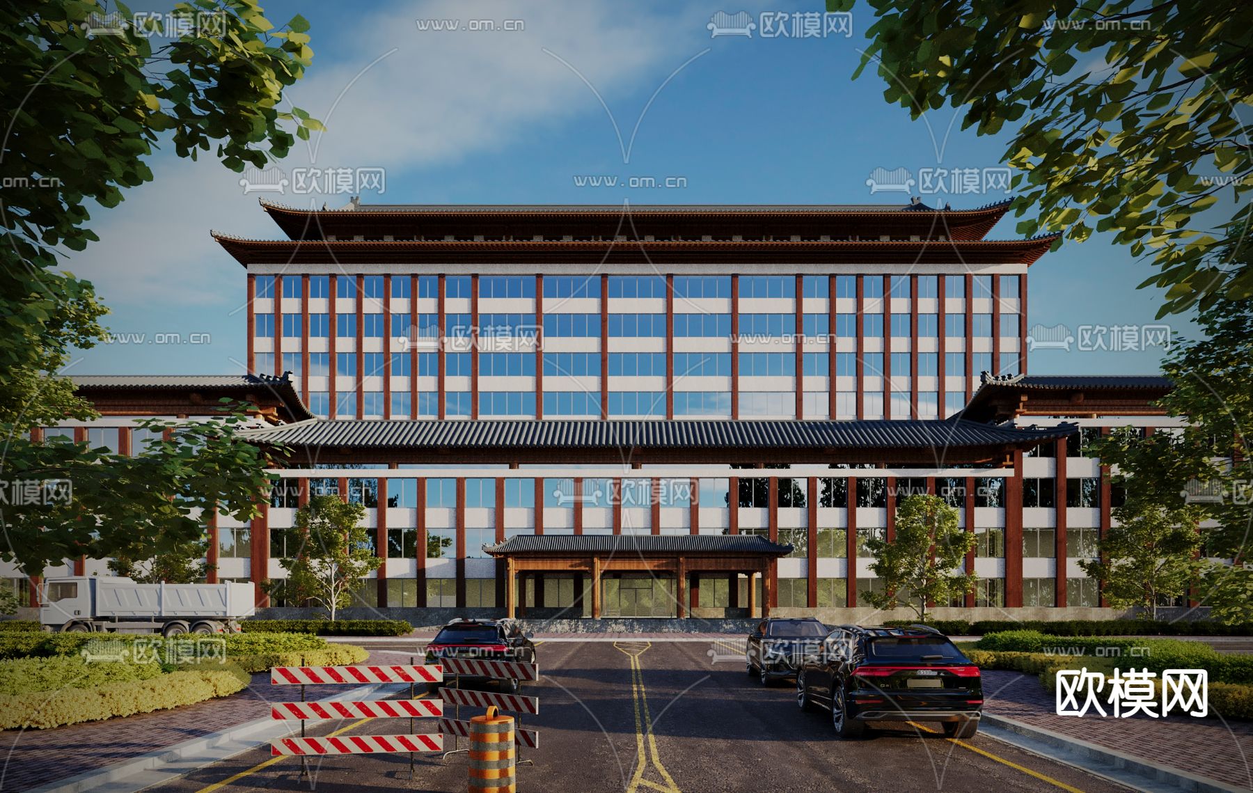 中式写字楼建筑外观3d模型下载