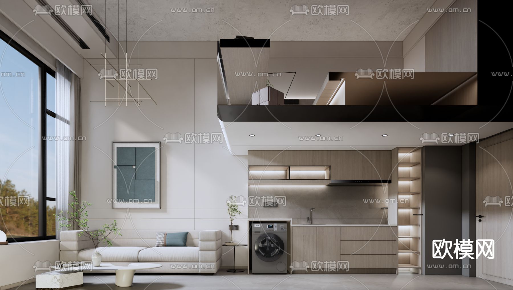 LOFT公寓 跃层客餐厅su模型下载（渲染图1）