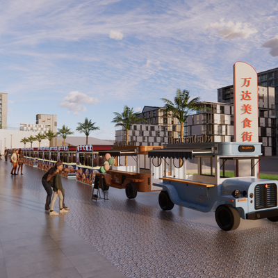  商业街夜市售卖摊su模型 