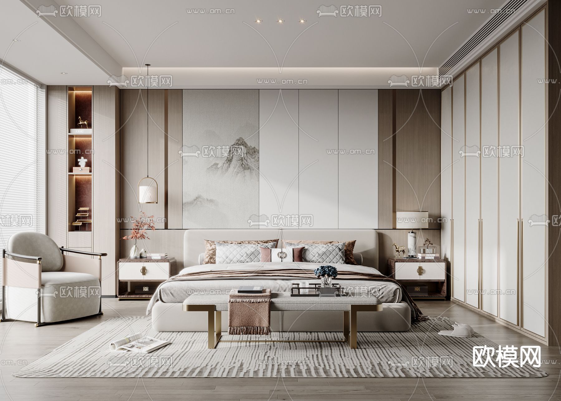 新中式卧室su模型下载（渲染图1）