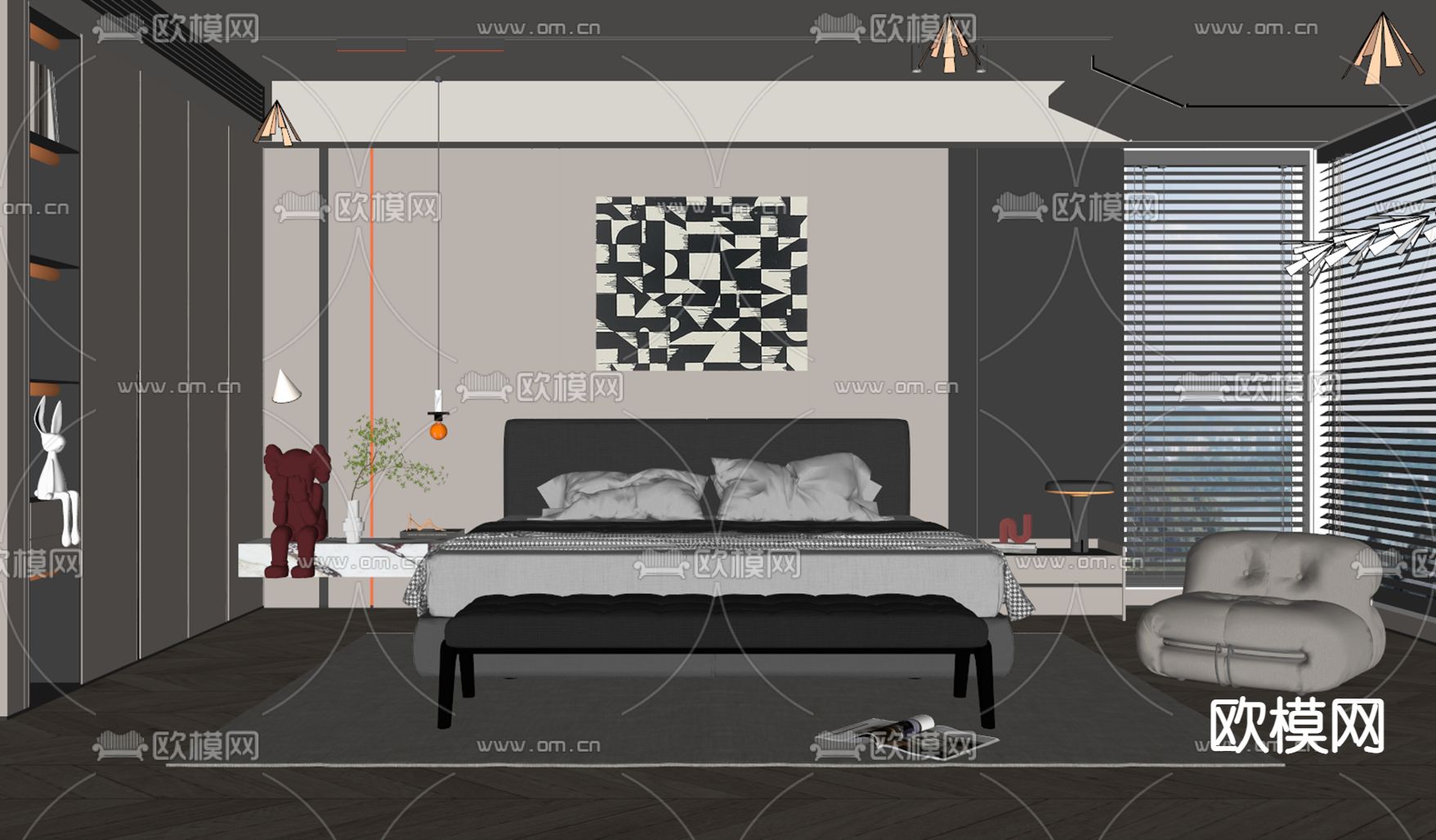 高级灰卧室su模型下载（渲染图2）