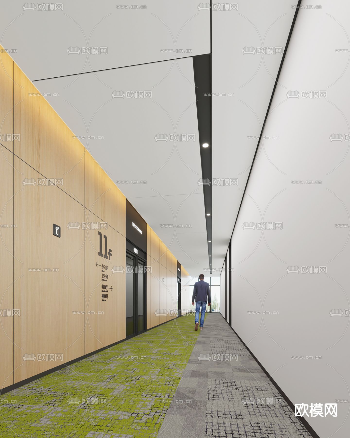 办公室走廊 电梯厅 过道3d模型下载_ID13045282_3dmax免费模型-欧模网