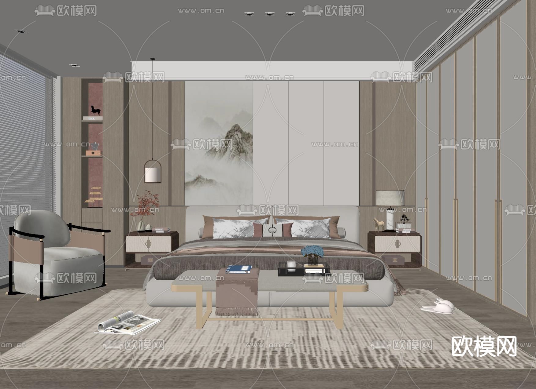 新中式卧室su模型下载（渲染图2）