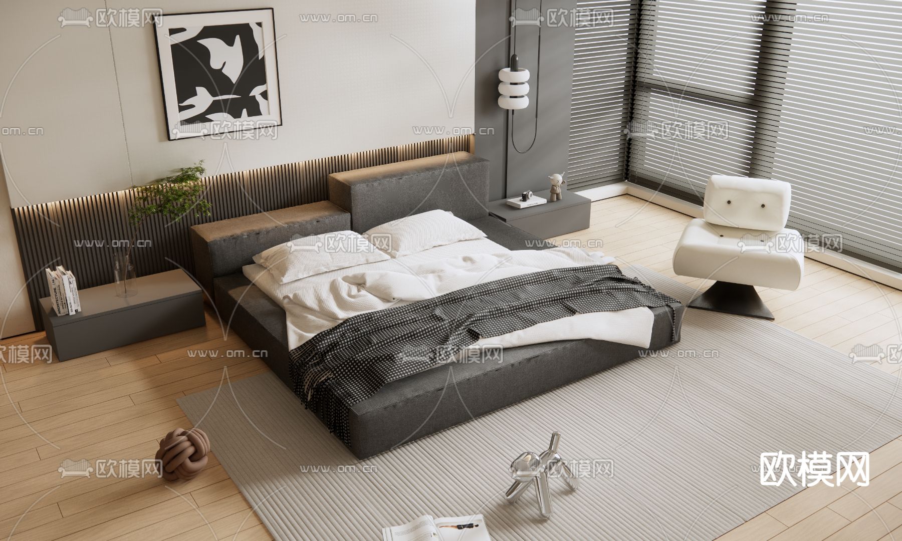 现代布艺双人床su模型下载（渲染图1）