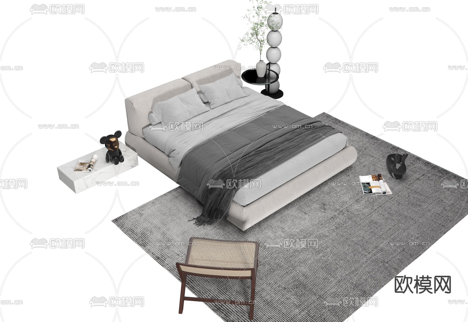 侘寂双人床3d模型下载（渲染图2）
