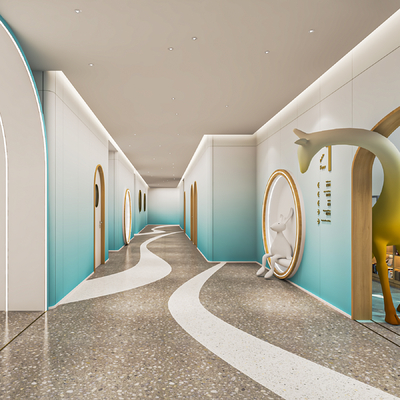  现代幼儿园过道 走廊su模型 