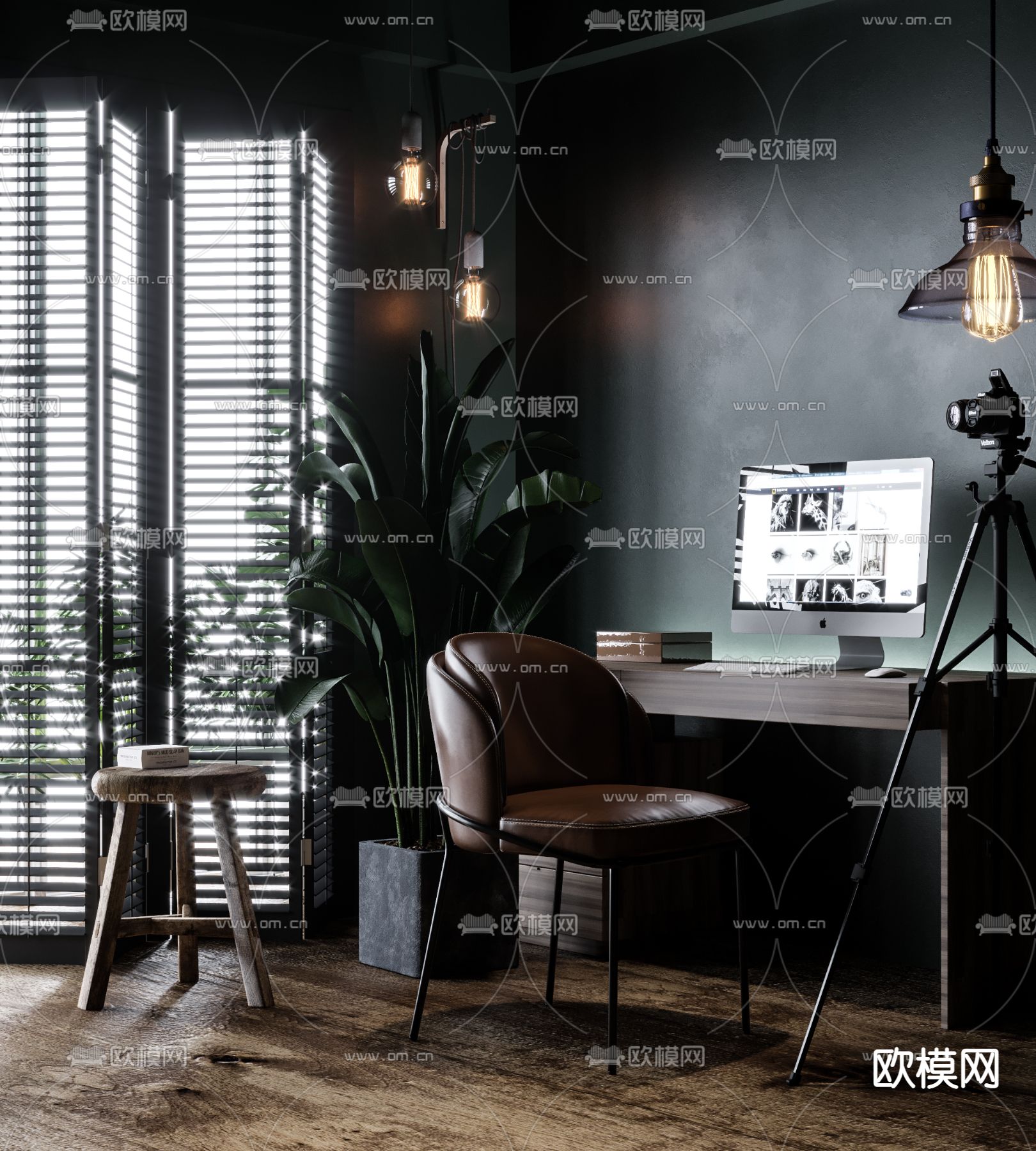暗黑风书桌椅3d模型下载（渲染图1）